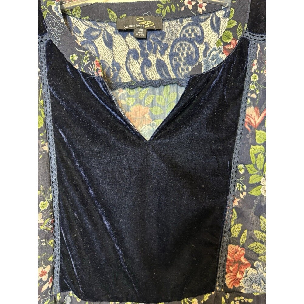 Suzanne Betro Plus Size Weekend Blue Floral Chiffon Lace Velour Boho Blouse 3X - Picture 3 of 10